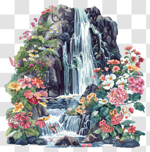 Sutherland Falls - Beautiful Waterfall With Flowers Transparent PNG