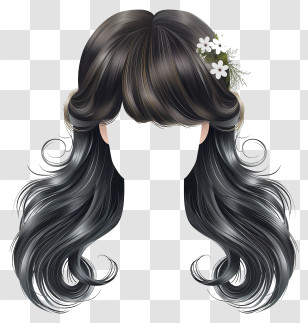 Spring Hairstyle - Black Wavy Hair With Floral Decoration Illustration Transparent PNG