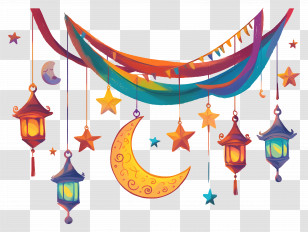 Eid Mubarak - Festive Lanterns With Crescent Moon And Star Decorations Transparent PNG