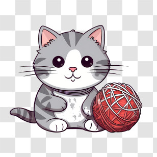 Cat Playing Yarn Ball - Playful Gray Cat With Red Yarn Ball Transparent PNG