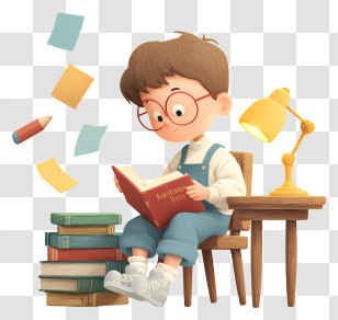 Young Boy Reading Book - Cute Boy Reading At Desk Transparent PNG