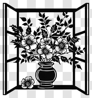 Spring Window Flowers - Black And White Flower Vase By The Window Transparent PNG
