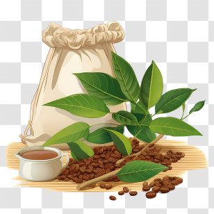 Coffee Beans Bag - Coffee Beans With Sack And Leaves Illustration Transparent PNG