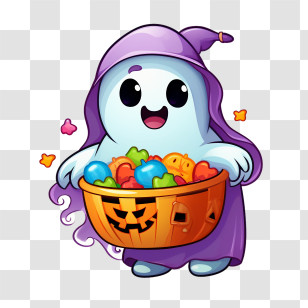 Halloween Ghost - Cute Ghost Trick-or-treating With A Candy Basket Transparent PNG