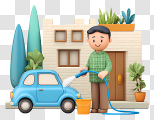 Cartoon Man Washing Car - Man Washing Car At Home Transparent PNG