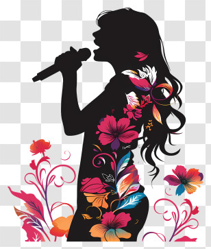 Woman - Silhouette Of Singing Woman With Floral Design Transparent PNG