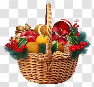 Shavuot - Festive Christmas Gift Basket With Fruits And Ribbons Transparent PNG