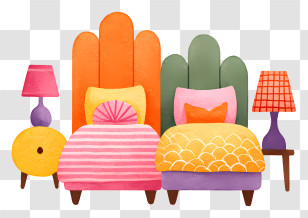 Modern Twin Bedroom Interior - Colorful Twin Beds With Lamps Transparent PNG