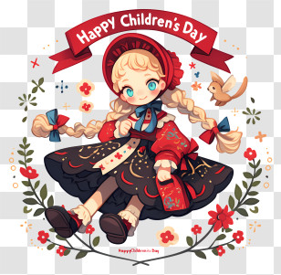 Childrens Day Decoration - Happy Children's Day Little Girl In Red Folk Dress Transparent PNG