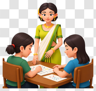 Indian Woman Teacher - Teacher Assisting Two Students At Table Transparent PNG