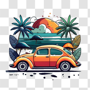 Volkswagen Beetle - Vintage Car In Tropical Beach Scene Transparent PNG