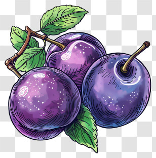 Plums - Fresh Purple Plums With Leaves Transparent PNG