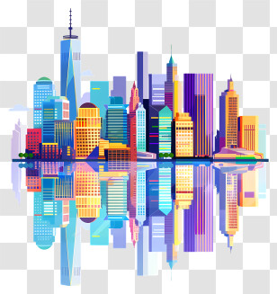 Manhattan City Skyline - Vibrant City Skyline Illustration With Reflection Transparent PNG