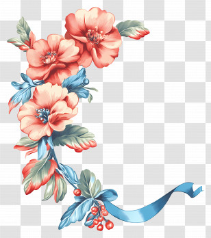 Ribbon Corner - Red Flowers And Blue Ribbon Design Transparent PNG