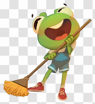 Frog Cleaning With Broom - Frog Joyfully Sweeping With Broom Transparent PNG