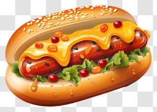 Hot Dog With Toppings - Cheesy Hotdog With Sesame Bun And Fresh Lettuce Transparent PNG