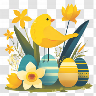 Easter Background - Yellow Bird With Flowers And Easter Eggs Transparent PNG