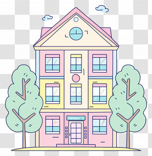 School - Pastel Building With Trees Illustration Transparent PNG