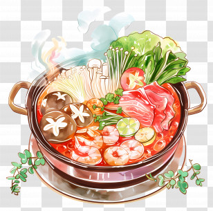 Cartoon Hot Pot - Steaming Hot Pot Dish With Fresh Ingredients Illustration Transparent PNG