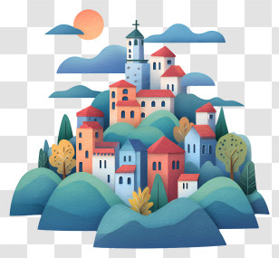 City In Mountains - Colorful Village On Hills Transparent PNG