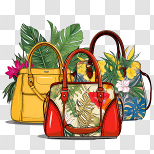 Handbag Day - Set Of Colorful Handbags With Tropical Prints Transparent PNG