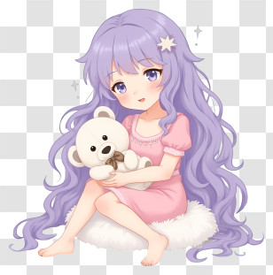 Cartoon Girl Holding Teddy Bear - Girl With Purple Hair And Teddy Bear Transparent PNG