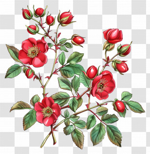 Rosehip Flowers - Detailed Illustration Of Red Flowers With Green Leaves Transparent PNG