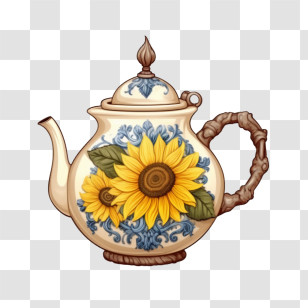Teapot - Decorative Teapot With Sunflower Design Transparent PNG
