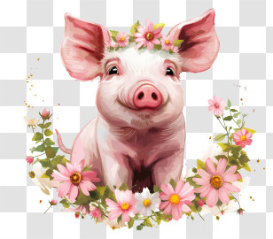 Pig Day - Cartoon Pig With Flower Wreath Illustration Transparent PNG