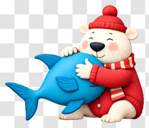 Cute Cartoon Polar Bear - Cute Polar Bear Hugging Fish Transparent PNG