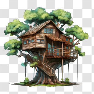 Tree House - Rustic Treehouse With Wooden Stairs Transparent PNG