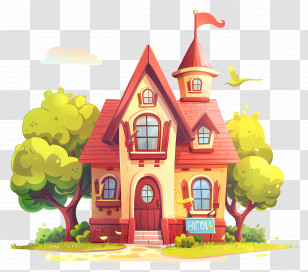 School - Cartoon House With Trees Illustration Transparent PNG