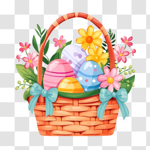 Easter Basket - Colorful Easter Basket With Eggs And Flowers Transparent PNG