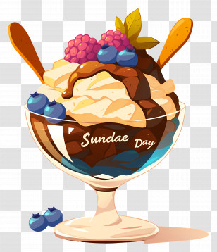 National Sundae Day - Ice Cream Sundae With Berries And Chocolate Transparent PNG