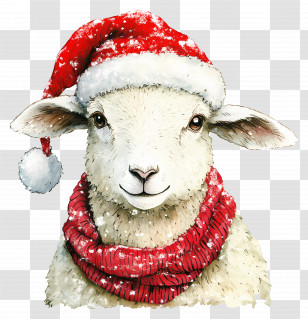 Christmas Sheep - Christmas-Themed Sheep With Santa Hat And Red Scarf Transparent PNG