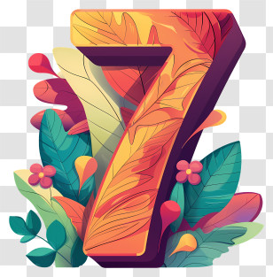Number 7 - Decorative Number 7 With Leaves And Flowers Transparent PNG