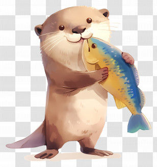 Cute Otter - Cute Cartoon Otter Holding Fish Transparent PNG