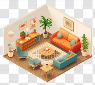 Living Room - Modern Cozy Living Room Design With Furniture And Plants Transparent PNG