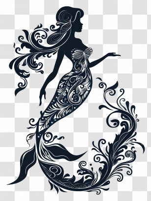 Mermaid - Decorative Mermaid Silhouette With Floral Design Transparent PNG