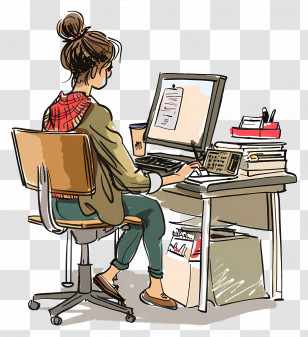 Cartoon Woman Working - Woman Working At Desk Transparent PNG