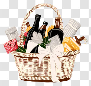 Wicker Basket - Festive Gift Basket With Wine Bottles And Treats Transparent PNG