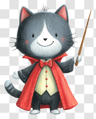 Watercolor Cat In Red Cape - Cute Cat Magician With Wand Transparent PNG