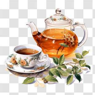 International Tea Day - Glass Teapot With Teacup And Leaves Transparent PNG