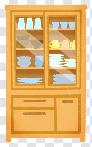 Cupboard - Wooden Cabinet With Dishes And Cups Transparent PNG