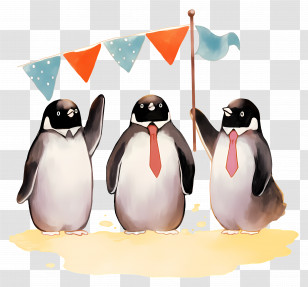 Watercolor Penguins - Penguins Celebrating With Colorful Flags Illustration Transparent PNG