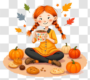 Cartoon Girl Celebrating Autumn - Cozy Autumn Girl With Pumpkins Transparent PNG