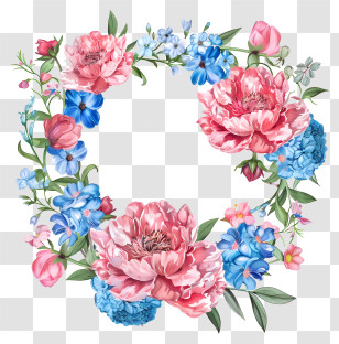 Round Floral Wreath - Decorative Flower Frame With Pink And Blue Blossoms Transparent PNG