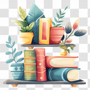 Books On Shelf - Colorful Books And Decorative Plants On Bookshelf Transparent PNG