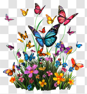 Butterflies - Colorful Butterflies In A Flower Garden Transparent PNG