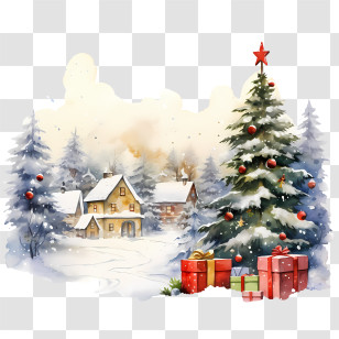 Christmas Card Day - Christmas Tree And Gifts In A Snowy Village Scene Transparent PNG